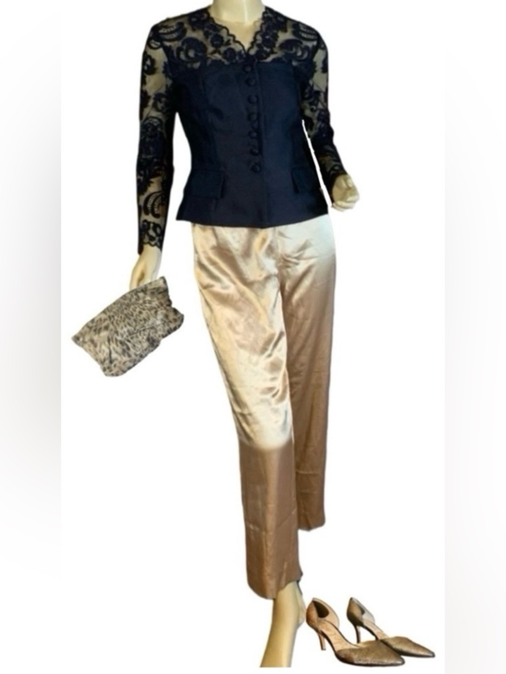 TALBOTS PETITES DARK BLUE RAW SILK BLEND AND LACE BLOUSE (4P)